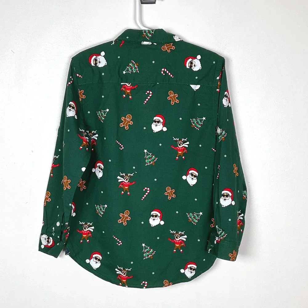 Denim & Flower Boys Green Christmas Print Button Up Shirt Size 4/5‎ NWT